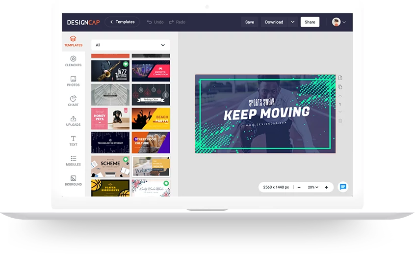 DesignCap graphic design editor open on a desktop screen, showing template categories on the left and a sports-themed banner design on the canvas.