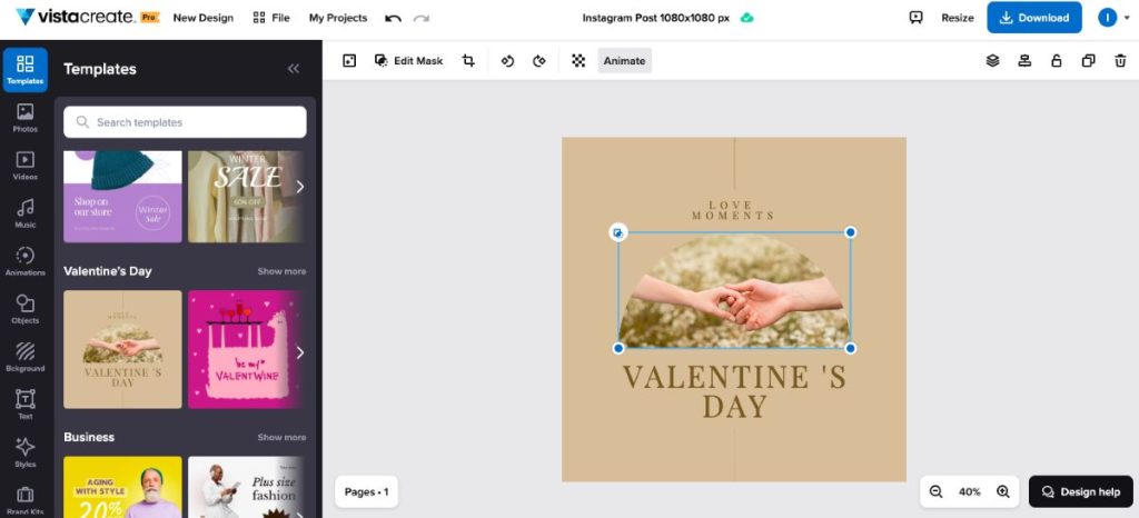 VistaCreate design editor showing an Instagram post layout for Valentine’s Day, with templates on the left and a beige card design featuring hands holding.