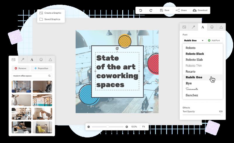 Online graphic editor interface creating a poster titled “State of the art coworking spaces,” with font options, image library, and editing tools visible.