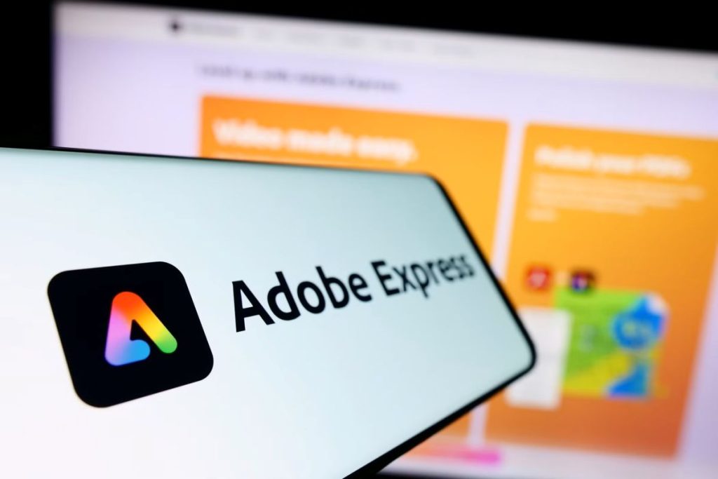 Smartphone screen displaying the Adobe Express logo, with a blurred background showing a website featuring colorful design templates.