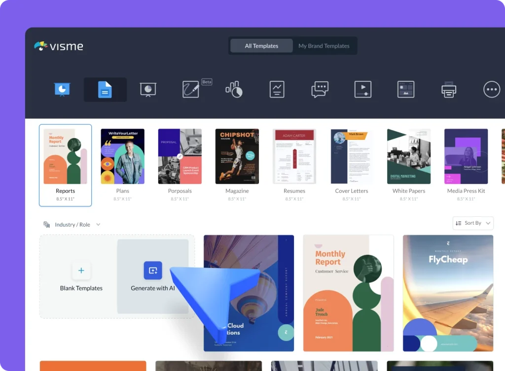 Visme design platform dashboard displaying a selection of document templates, including reports, plans, proposals, resumes, and white papers, with options for blank templates and AI-generated designs.