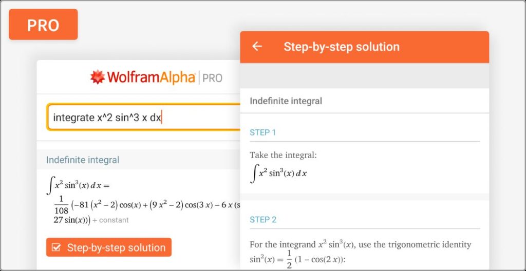 WolframAlpha Pro interface showing a step-by-step solution for an indefinite integral, with a math equation entered in the search bar.