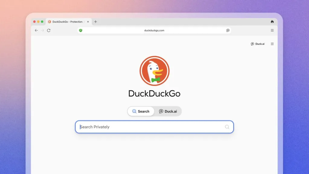 DuckDuckGo homepage displayed in a web browser, featuring a privacy-focused search bar and the DuckDuckGo logo.