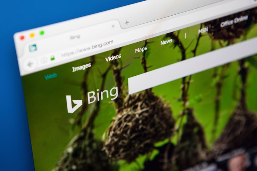 Bing search engine homepage shown in a web browser, with the Bing logo and navigation tabs visible.
