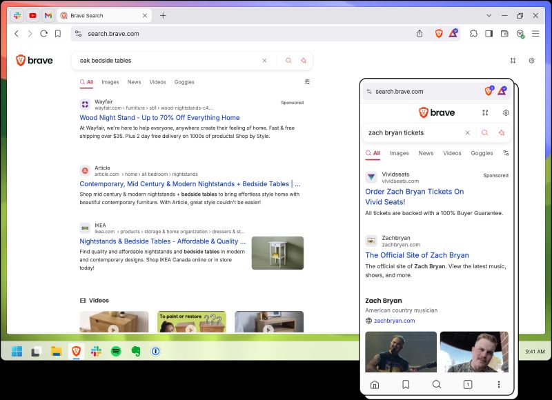 Brave search results page shown on desktop and mobile screens, highlighting privacy-focused search results.