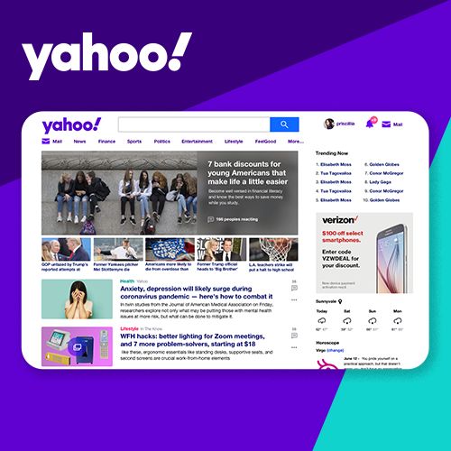 Yahoo homepage displayed on a purple background, showing news headlines, trending stories, and navigation sections.