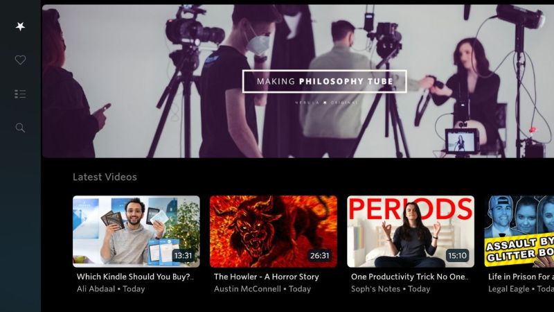 A video platform homepage showing a dark-themed interface with a banner about philosophy content and a row of recommended videos with thumbnails and durations.