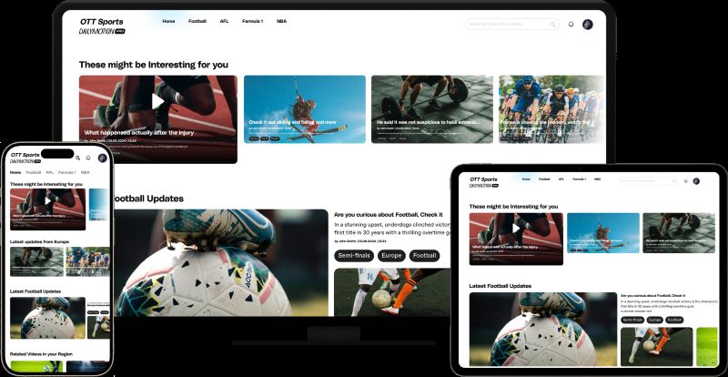 Sports-focused video streaming website displayed across desktop, tablet, and mobile screens, showing football highlights and recommended videos.