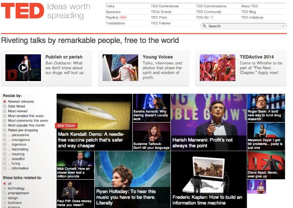 TED website homepage featuring a grid of talk thumbnails, speaker names, and categories promoting educational and inspirational talks.