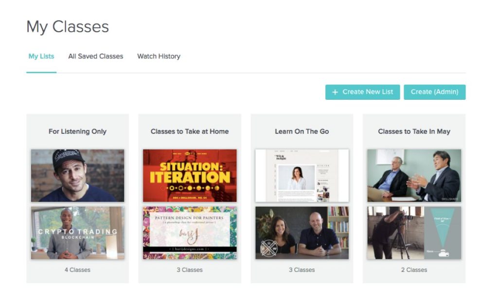 Online learning dashboard titled “My Classes” showing organized video course lists with thumbnails and class counts.