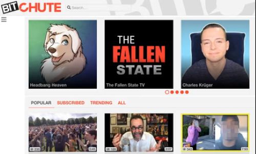 BitChute homepage displaying subscribed and trending video channels with creator thumbnails and video previews.