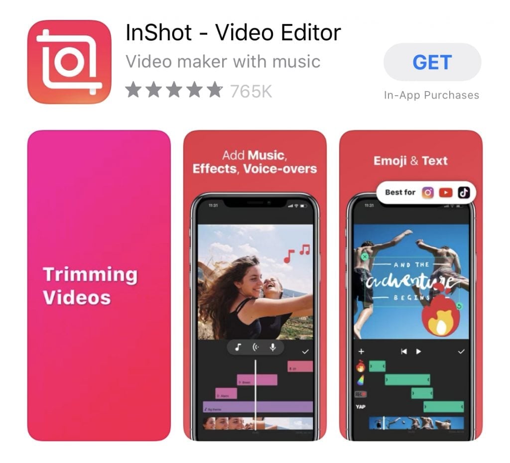 App store preview of the InShot video editor showing trimming tools, music options, text overlays, and a mobile editing timeline.