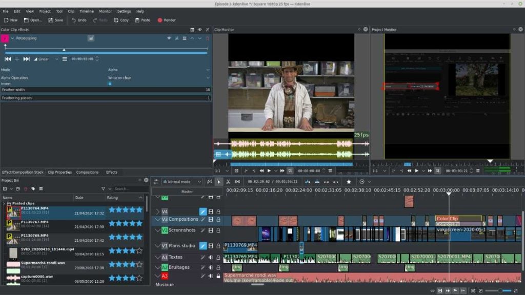 Kdenlive video editing software showing a complex multi-track timeline with video clips, audio tracks, and effects panels.