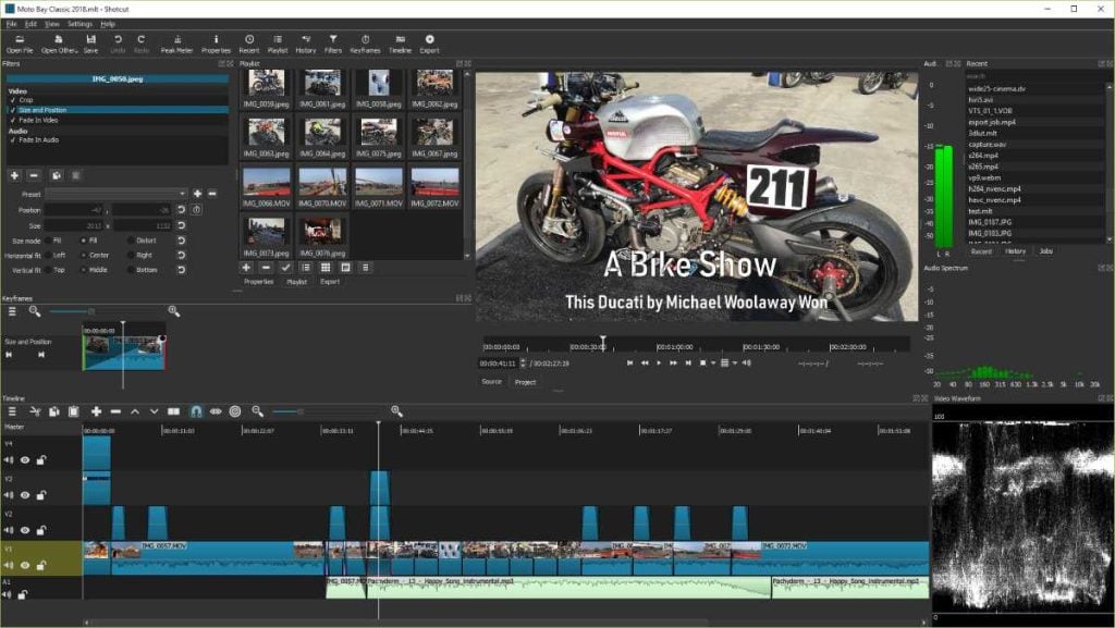 Shotcut editing workspace featuring a preview window, media library, filters panel, and layered timeline controls.