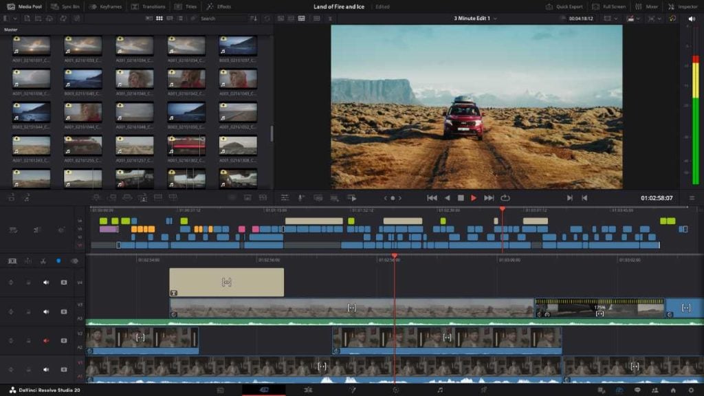 DaVinci Resolve desktop editor displaying a cinematic video preview with an advanced color-coded multi-track timeline.