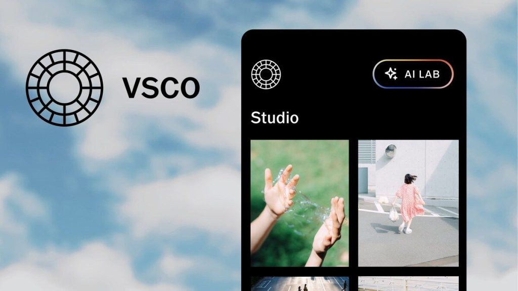 The VSCO logo next to a mobile app screen showing a minimalist photo gallery and editing interface.