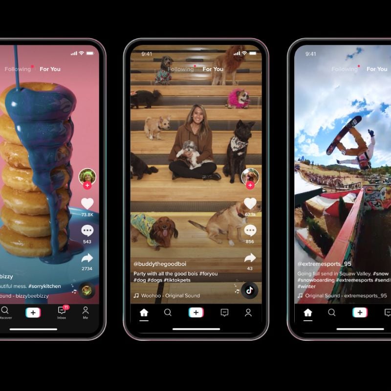 Three smartphones displaying TikTok video feeds featuring short-form videos, creators, and scrolling content.