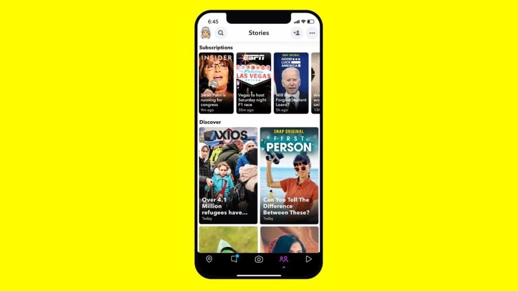 A smartphone screen showing the Snapchat Discover section with news stories, subscriptions, and featured content.
