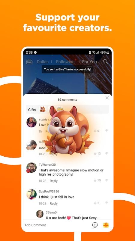 A mobile screen showing a creator support feature with animated gifts and comments over a short video interface.