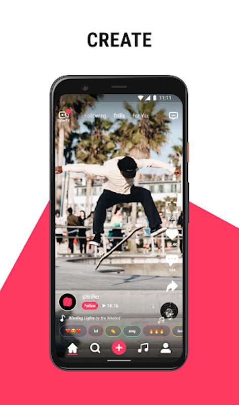 A smartphone displaying a short-form video app feed featuring a skateboarder mid-jump in an outdoor setting.