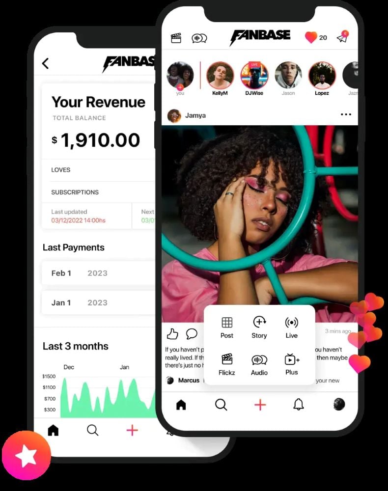 Two smartphone screens showing the Fanbase app interface, including creator content and a revenue dashboard.