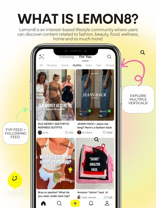 A promotional graphic explaining Lemon8, showing a smartphone feed filled with fashion, lifestyle, and wellness content.