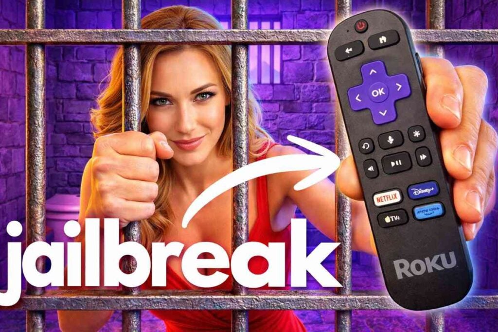 A stylized thumbnail showing a woman behind jail bars reaching forward, with the word “jailbreak” overlaid; an arrow points to a hand holding a Roku remote with streaming service buttons, suggesting unlocking or modifying a Roku device.