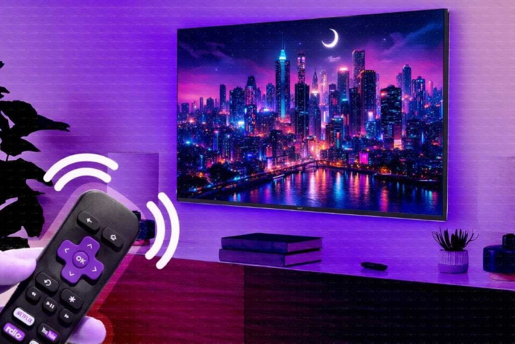A hand holding a streaming remote points toward a wall-mounted TV in a modern living room with purple ambient lighting, where the screen displays a vibrant neon cityscape at night reflected over water, with a media console, small decor pieces, and a silhouetted plant in the background.