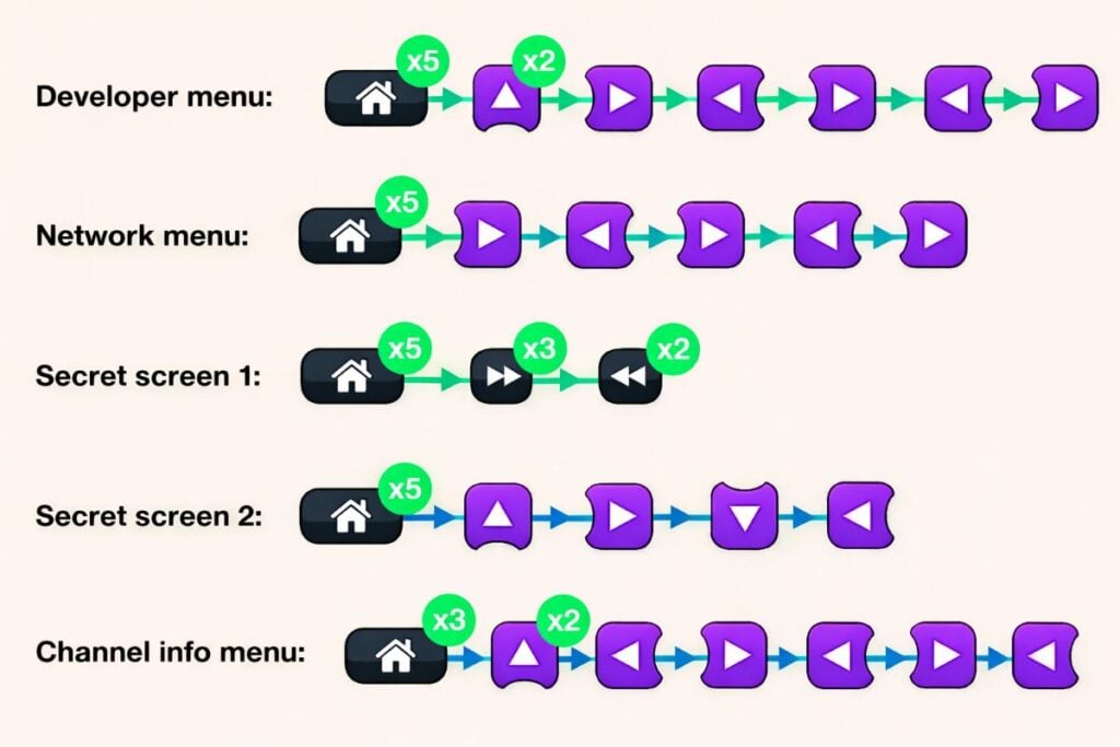 A vibrant instructional infographic showing button sequences to access different device menus, including developer, network, and secret screens, with colorful directional icons, green arrows, and clearly labeled steps on a light background.