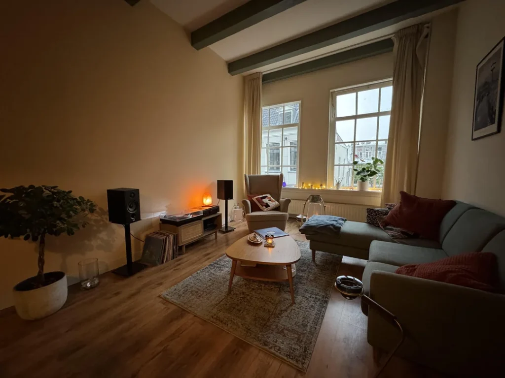 Cozy living room with a blank white wall used as a projector screen beside a sofa, coffee table, speakers, and large windows.