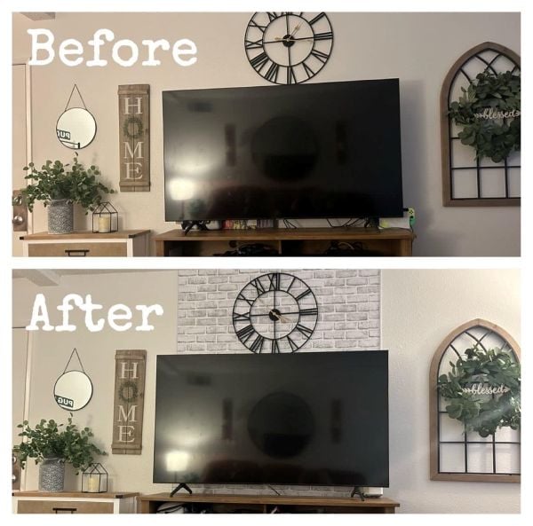 Before-and-after TV wall makeover showing how white brick peel-and-stick wallpaper creates a focal point behind the television.