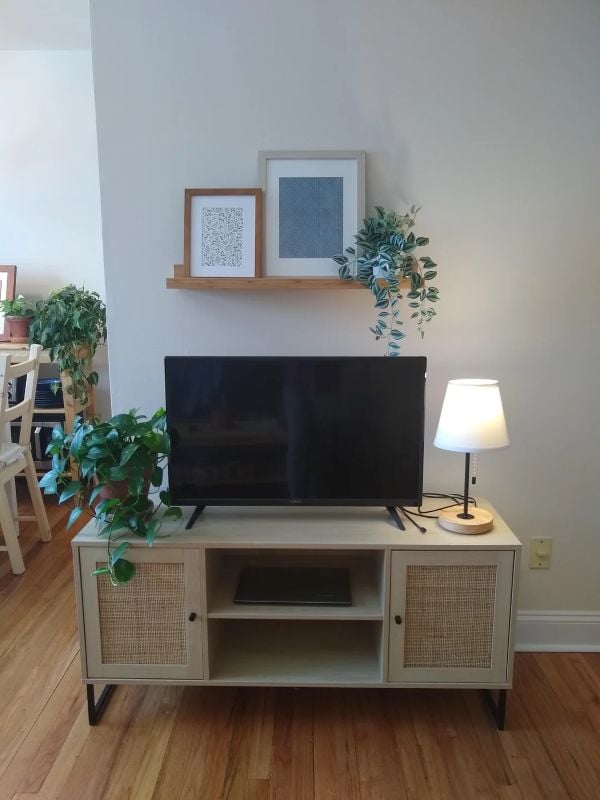 Simple TV console with a small floating shelf above the television decorated with framed art and trailing greenery.