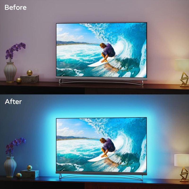 Before-and-after comparison showing a TV setup without lighting and then with blue LED backlighting behind the screen.