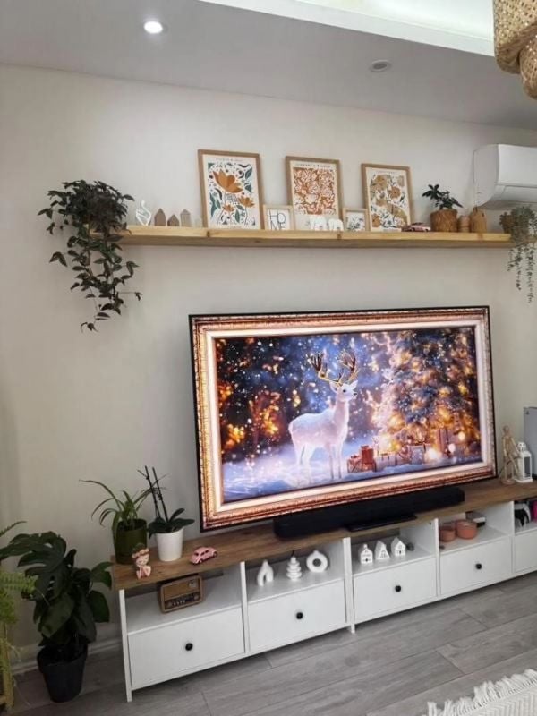 TV console with a long picture ledge above the screen displaying framed botanical art, small decor, and trailing plants.