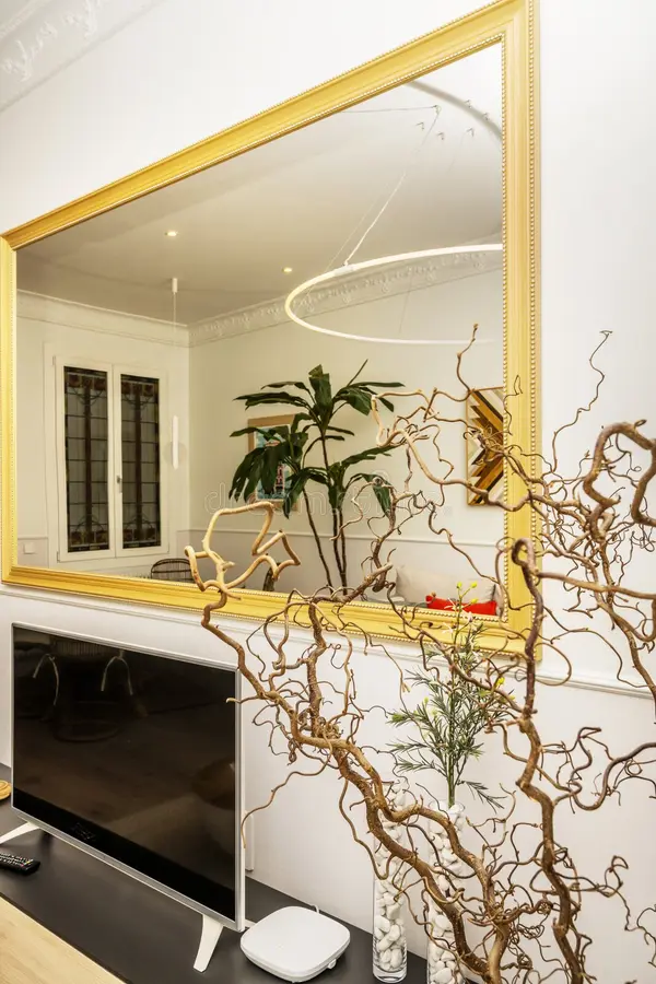 Large gold-framed mirror above a TV, with decorative branches and small vases on the media console below.