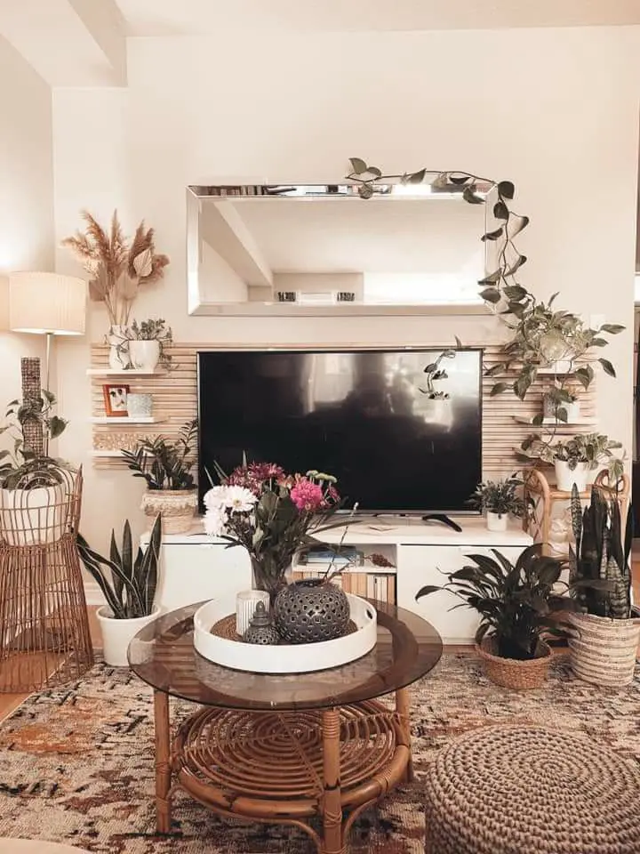 Boho living room with a TV beneath a rectangular mirror, surrounded by plants, shelves, and cozy natural textures.