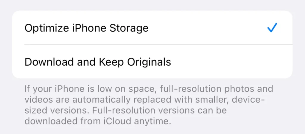 iPhone settings screen showing Optimize iPhone Storage enabled to save space by storing full-resolution photos in iCloud.