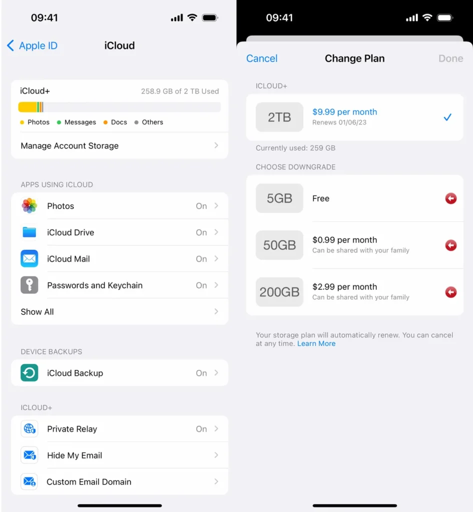 iCloud storage settings screen displaying available plans including 50GB, 200GB, and 2TB upgrade options.