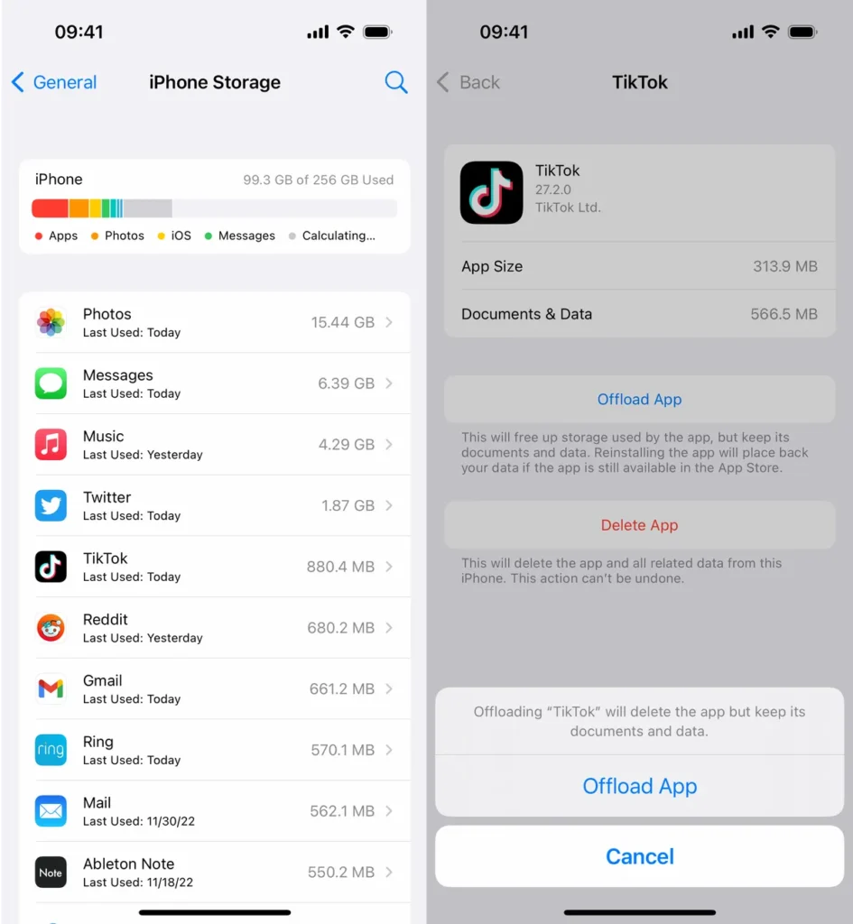 iPhone storage settings showing app sizes and option to offload apps to free up space without deleting data.