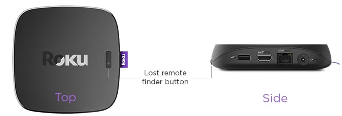 Diagram of a Roku streaming player showing where the lost remote finder button is located on the top and side of the device.