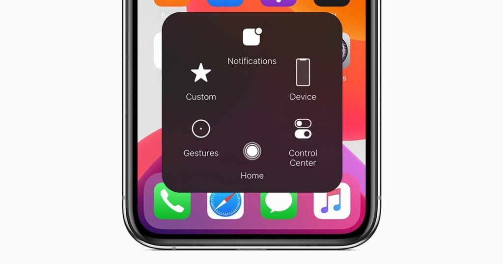 AssistiveTouch menu open on an iPhone screen showing options like device, control center, and gestures for taking a screenshot.