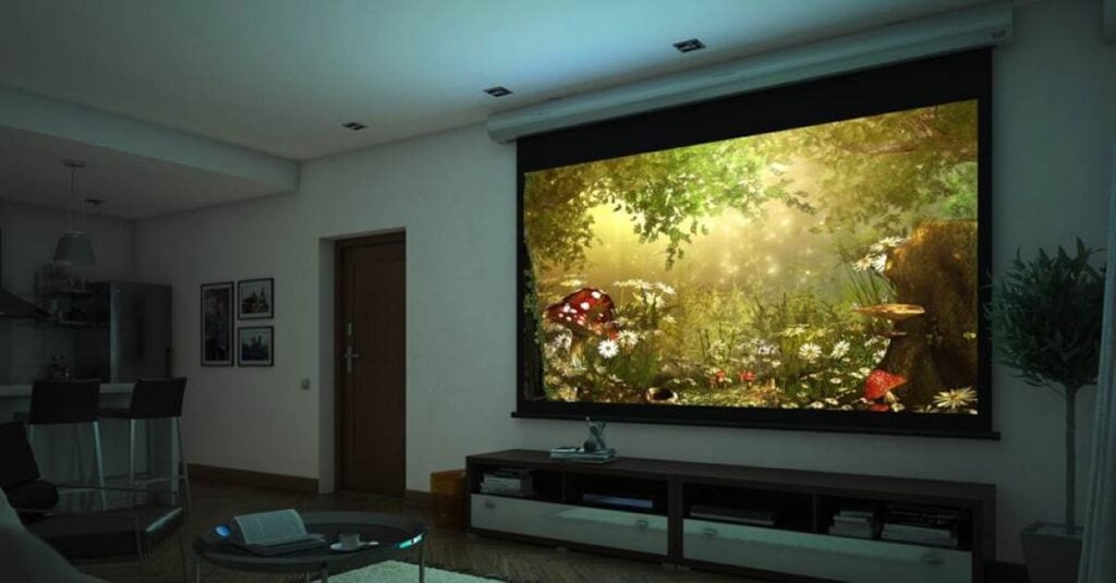 Living room home theater with a large motorized projector screen pulled down above a media console.