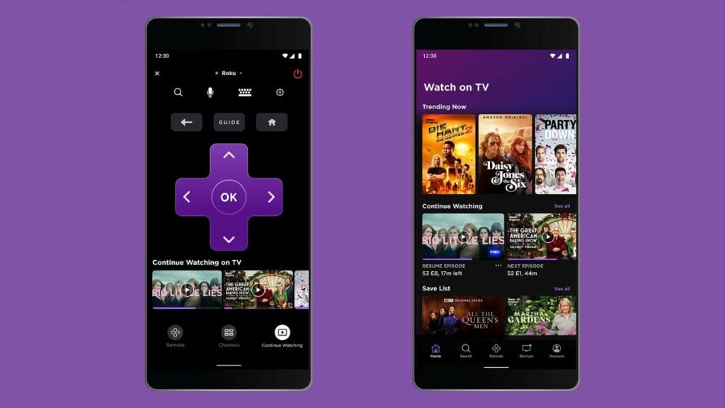 Roku mobile app screens showing the remote control and Watch on TV sections on a purple background.