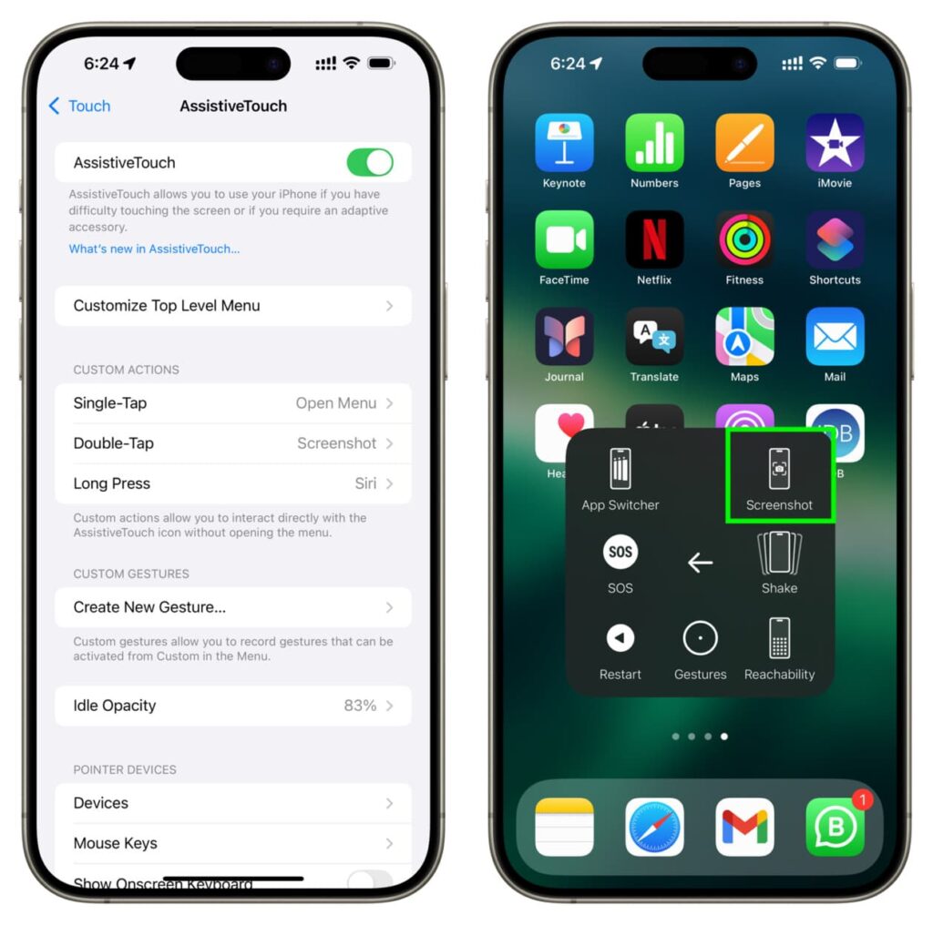 iPhone AssistiveTouch settings screen alongside the floating menu highlighting the screenshot option for capturing the screen without buttons.