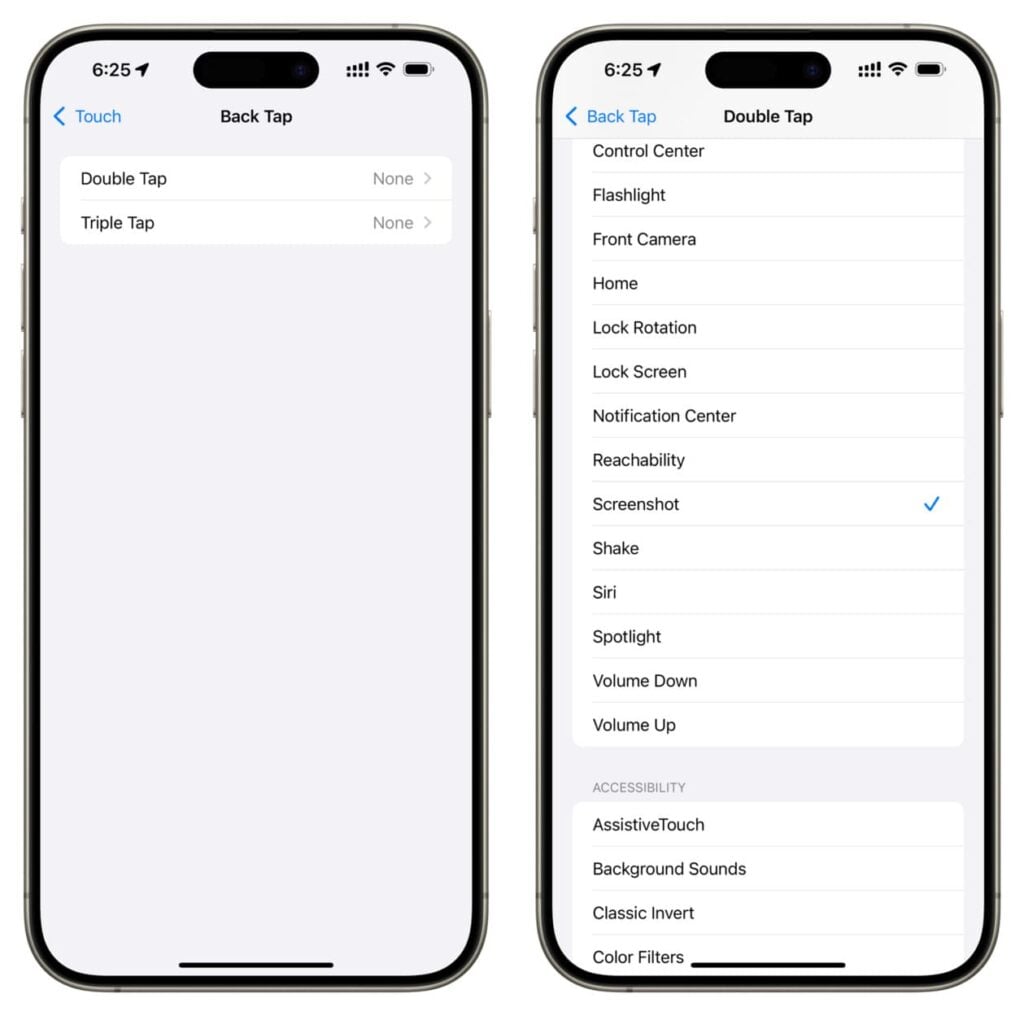 iPhone Back Tap settings showing double tap and triple tap options with screenshot selected as the action.