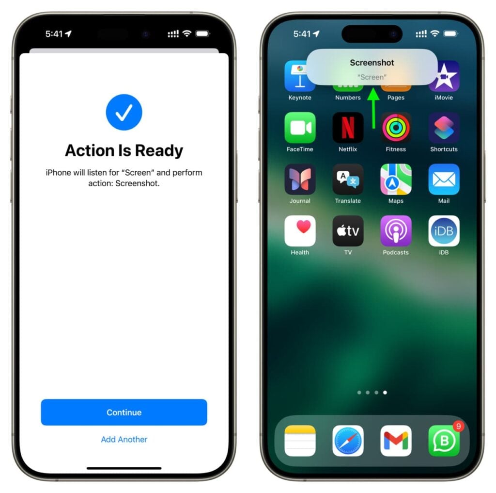 iPhone screen showing a Siri shortcut confirmation for taking a screenshot using a voice command.