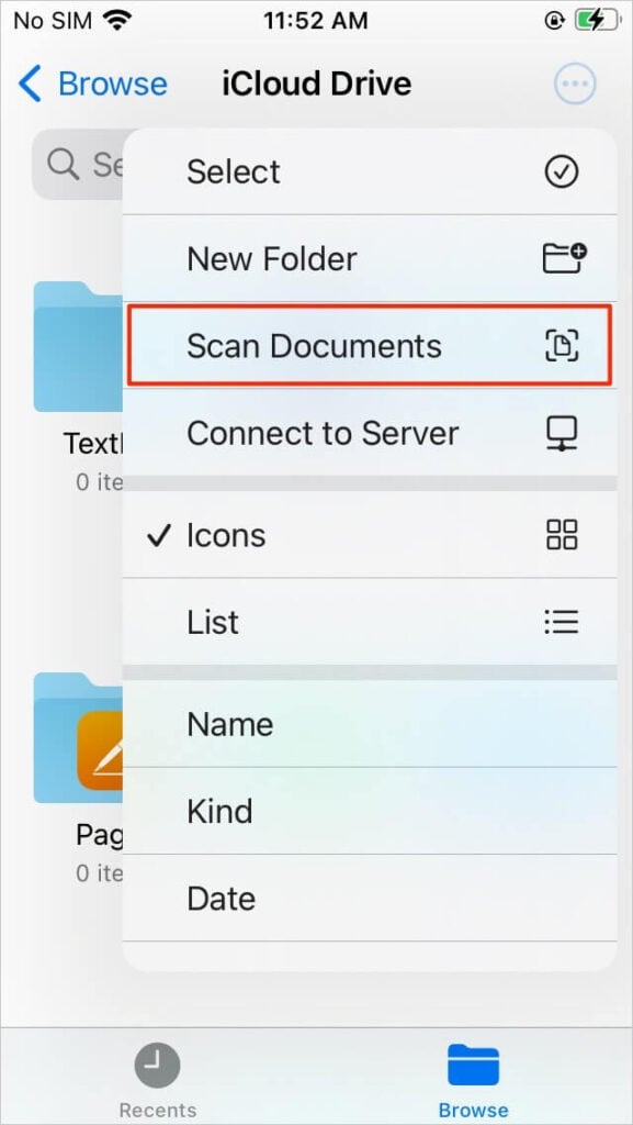 iPhone Files app menu highlighting the Scan Documents option for scanning files without third-party apps.