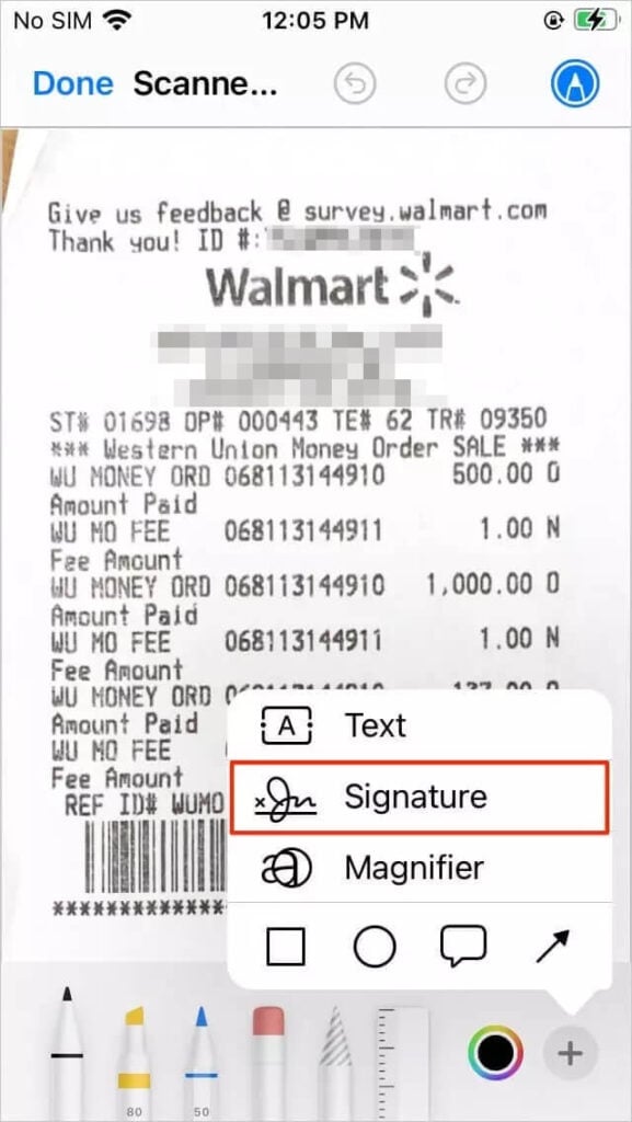 iPhone markup screen showing a scanned receipt with the option to add a signature using built-in tools.