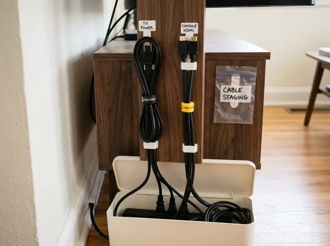 Labeled TV and console cables are neatly bundled and routed into a white cable management box behind a wooden entertainment stand.