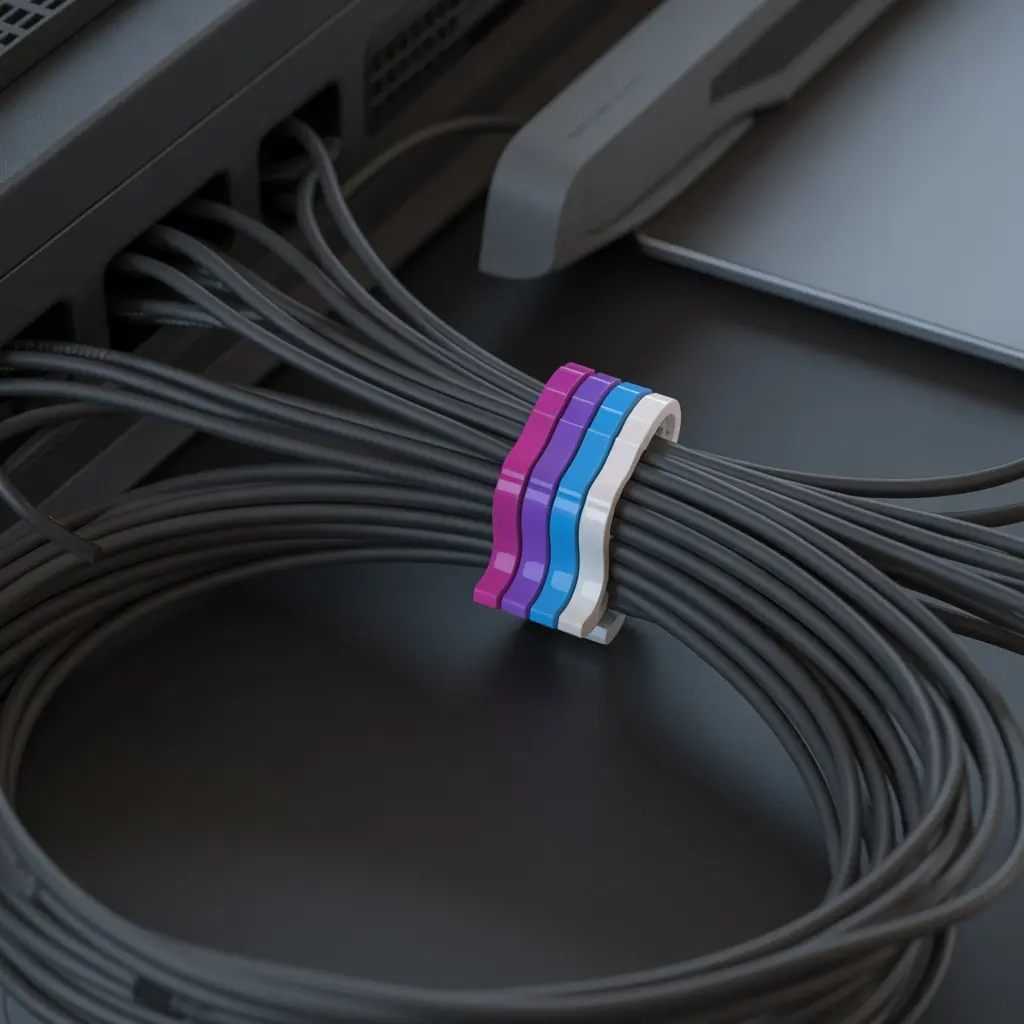 Gray cables are gathered together with colorful cable clips to keep them organized behind electronic equipment.